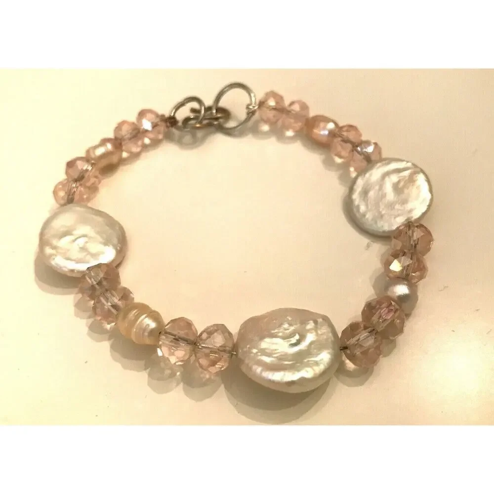 Pink Bead White Stone Silvertone Hardware 8